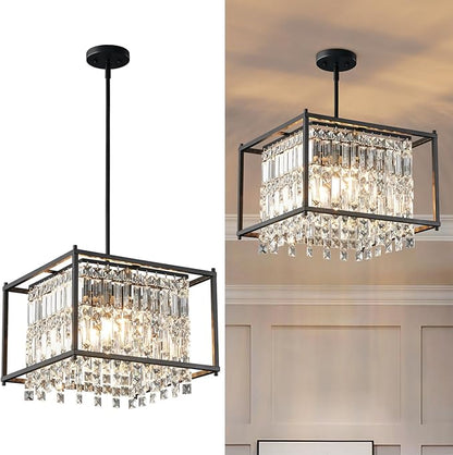 LMQNINE Modern Foyer Chandelier, Black Crystal Chandelier Entryway Pendant Light Fixture, Square Adjustable Height Chandeliers for Kitchen Island, L15.74'' x H9.84''