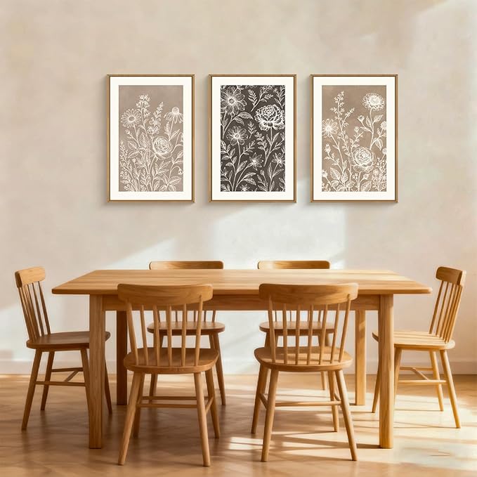 Neutral Boho Flower Framed Canvas Wall Art Set,Vintage Rose Peony Wildflower Wall Decor,Modern Natural Brown Black Floral Botanical Artwork for Living Room, Bedroom,Farmhouse-16 x24 x3