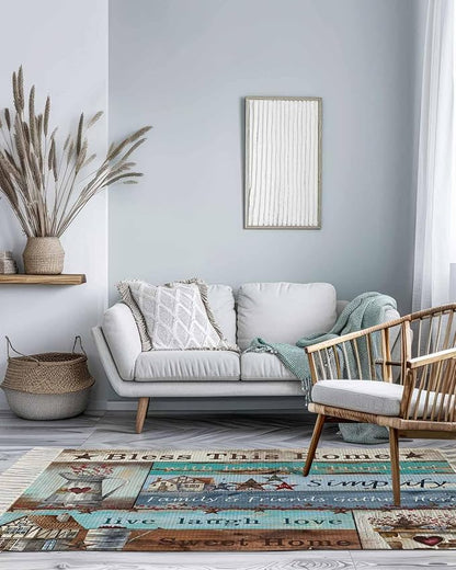 Turquoise Blue Brown Runner Rug 3X5 Ft Bedroom Area Rug, Washable Woven Vintage Barn Rustic Cabin Throw Carpet with Tassel, Non-Shedding Country Star Farm Wooden Plank Dining Room Living Room Carpets