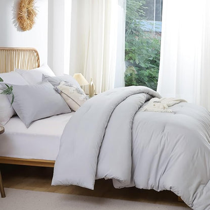 ROSGONIA Gray Comforter Set Queen, 3pcs(1 Boho Light Grey Comforter & 2 Pillowcases) All Season Soft Bedding Lightweight Bedspread Blanket Quilt