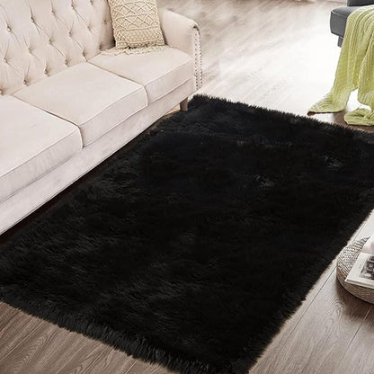 Black Faux Sheepskin Washable Fluffy Fur Rugs for Bedroom Fuzzy Nursery Rug 3x5 Rectangle Rug Cute Room Home Décor