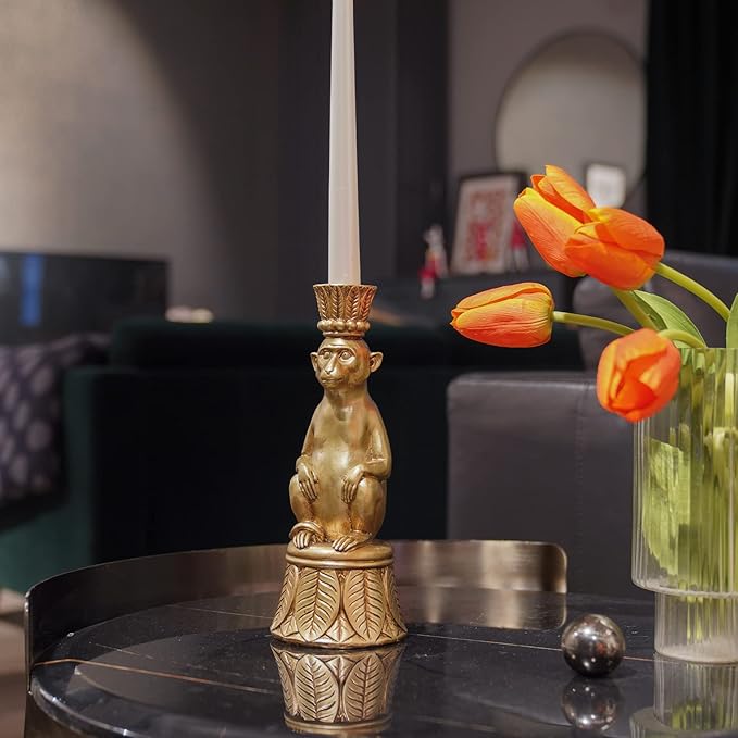 Candle Stick Holder Table Decor - Monkey Resin Modern Candlestick Holder Indoor Table Decor Animals Brass Gold Candle Stand for Living Room Home Decoration 3.25 x 3.25 x 9.25 Inch Guichifun