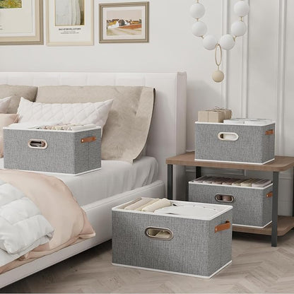 Yawinhe Foldable Storage Baskets for Shelves, Fabric Closet Organizers, Bins with 3 Handles, Cubes for Clothes, Grey, 15''Lx9.8''Wx8.3''H, 6-Pack