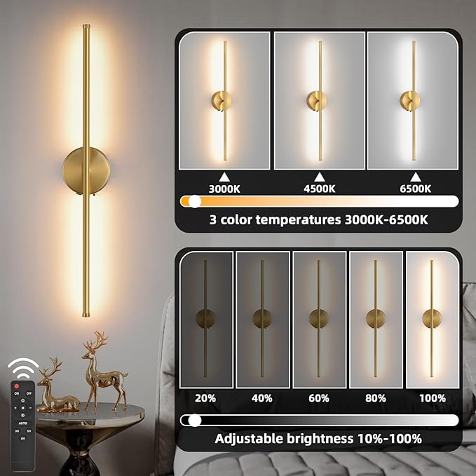 Wall Sconces Battery Operated Set of Two, Gold LED Wireless Wall Sconce with Remote Control 350° Rotate, 27.6 Inch Dimmable USB Rechargeable Wall Lights for Living Room Bedroom Hallway
