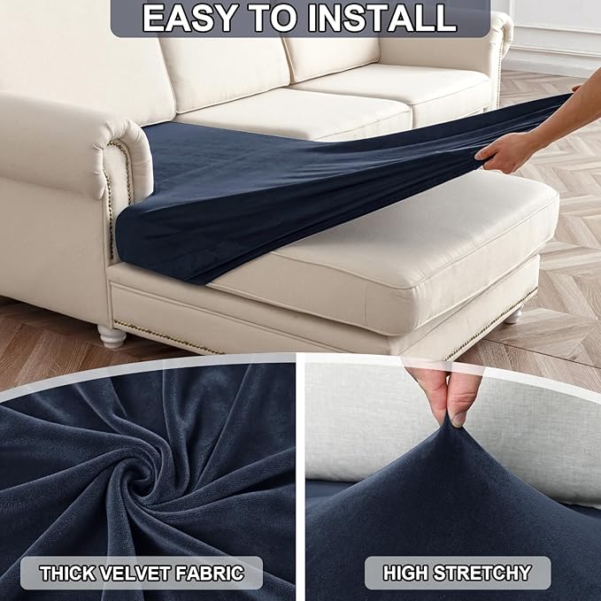 NAISI Waterproof Couch Cushion Covers Thick Velvet Fabric Washable Sofa Slipcovers Sectional Couch Covers for 4 Pieces Separate L Shape Couch Cover with Elastic Bottom(3 Seater + 1 Chaise,Navy)