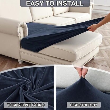 NAISI Waterproof Couch Cushion Covers Thick Velvet Fabric Washable Sofa Slipcovers 1 Piece Individual Sectional Couch Covers with Elastic Bottom(1 PC for Seat Cushion or Backrest,Navy)
