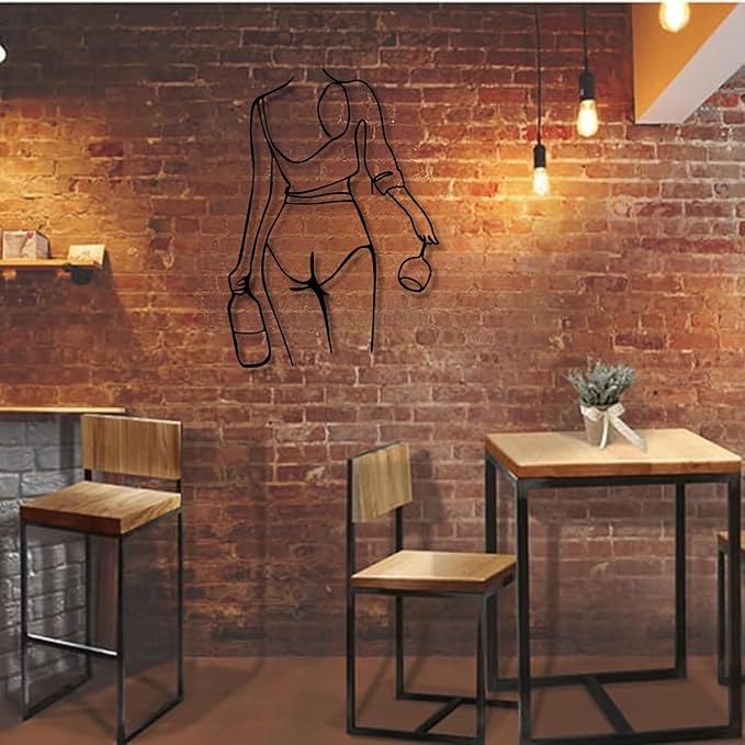Metal Wall Art Woman Drinking Wine, Modern Minimalist Abstract Line Sculpture, Feminine Wall Decor for Living Room, Dining Room, Bar, Kitchen, Perfect Wine Lover Birthday Housewarming Gift – Black 30.3"x21.7"