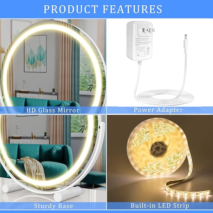 12" Round Vanity Mirror, LED Lights, Smart Touch 360°Rotation, Dimmable White