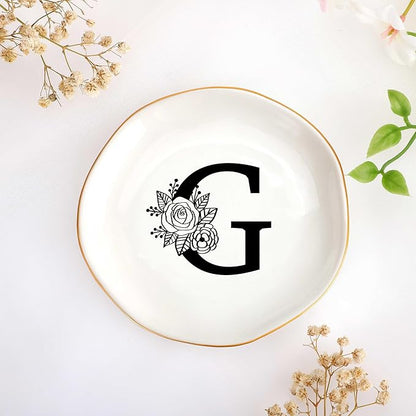 JoycuFF Initial G Ceramic Jewelry Tray, Bridesmaid Bride Gifts, Mothers Day Christmas Anniversary Engagement Birthday Gifts for Women Couples, Trinket Dish for Rings Earrings Necklaces Bracelets Keys