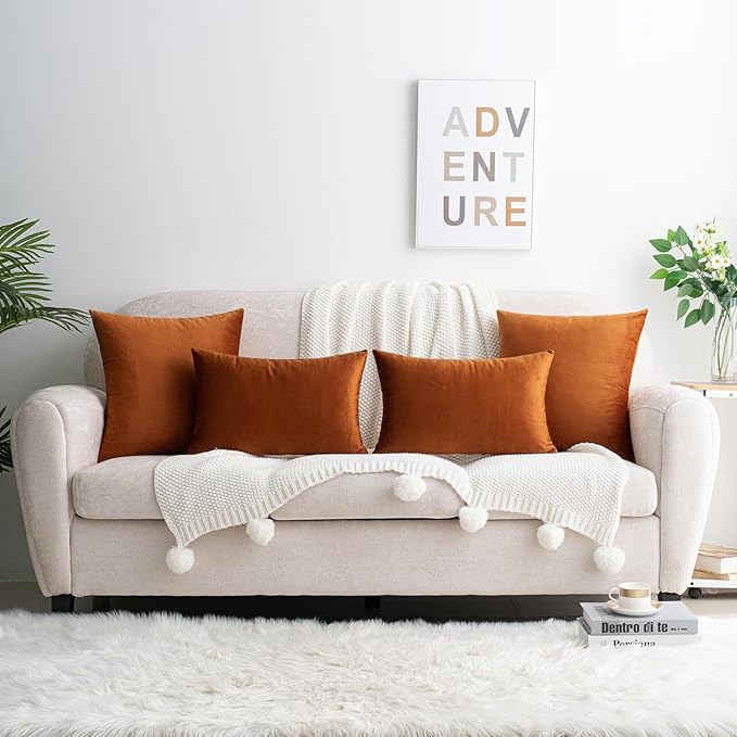 HWY 50 Burnt Orange Velvet Throw Pillow Covers 18x18 Inch, Pack of 2 Soft Cozy Solid Decorative Luxury Fall Cushion Cases for Couch Sofa Bed Living Room Bedroom