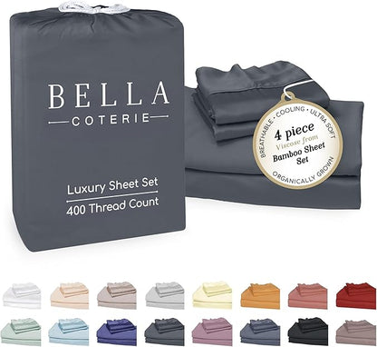 Bella Coterie Luxury Bamboo Viscose King Size Sheet Set | 100% Organically Grown | Ultra Soft | Cooling for Hot Sleepers | 18" Deep Pocket [Charcoal Grey]