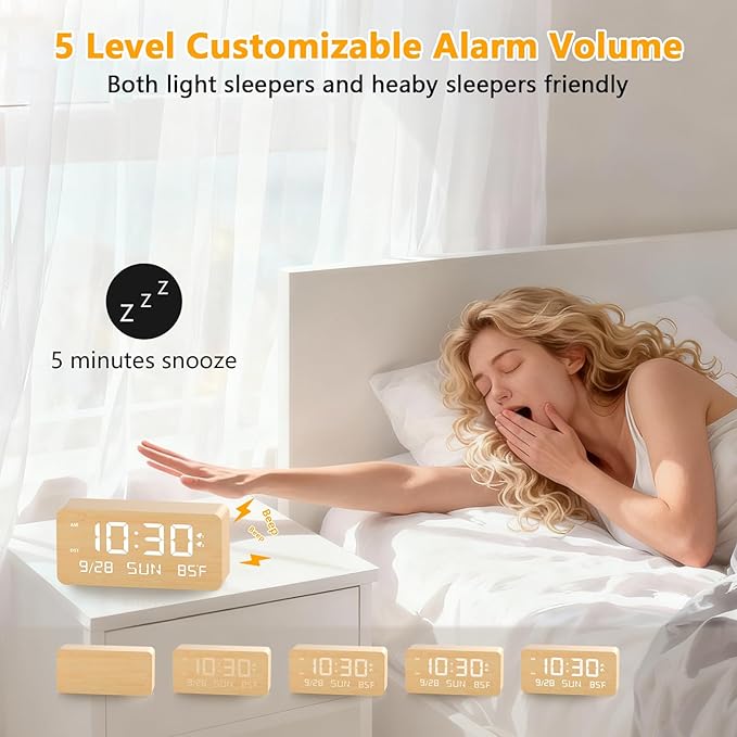 Wooden Digital Alarm Clock for Bedroom -Desk Clock with Date, Day of Week, Temperature, Dual Alarms, Dimmer, USB Port Charge, DST, Adjustable Volume for Living Room/Office Wood Decor (Bamboo)