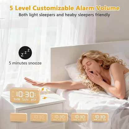 Wooden Digital Alarm Clock for Bedroom -Desk Clock with Date, Day of Week, Temperature, Dual Alarms, Dimmer, USB Port Charge, DST, Adjustable Volume for Living Room/Office Wood Decor (Bamboo)