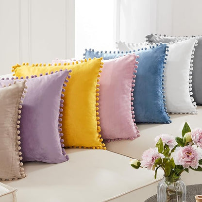 Deconovo Velvet Throw Pillow Covers, Set of 2, Decorative Pom-poms Soft with Invisible Zipper Cover for Sofa,Haze Blue,20x20 Inch