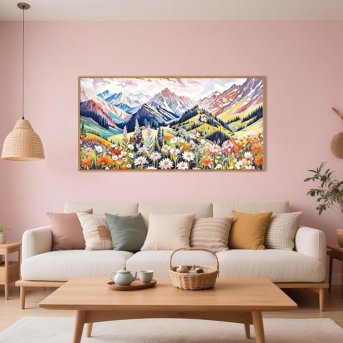 Aryroi Large Colorful Floral Mountain Scenery Framed Canvas Wall Art,Abstract Woodland Wildflower Wall Decor,Brilliant Nature Botanical Landscape artwork for Living Room, Bedroom, Office-40 x20 x1