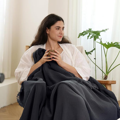 MooMee Muslin Blanket - 100% Cotton 4-Layer Gauze Throw Blanket with All-Around Fringe, Ultra-Soft Breathable Lightweight Cooling Decorative for Bed, Sofa & Couch (Dark Grey,Throw XL 50" x 70")
