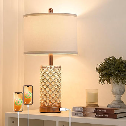 Crystal Table Lamps Modern 3-Way Dimmable Bedside Lamp with 2 USB Ports & AC Outlets for Living Room Bedroom Nightstand Lamp Night Light (Rose Gold-2 Pack 24In)
