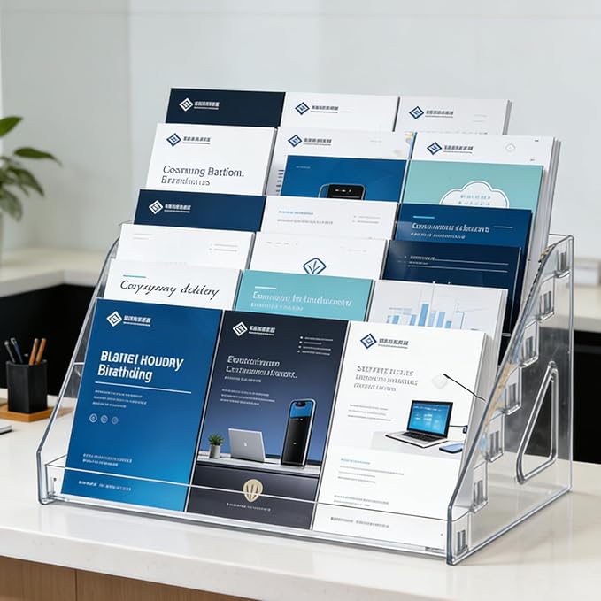 7 Tier Brochure Holder 12 x 7 inch Clear Acrylic Pamphlet Holder Display Stand Organizer Plastic Flyer Literature Magazine Booklets Menu Journals Rack for Home Office Exhibition, Pack of 2