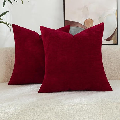 Santa Red Chenille Decorative Couch Throw Pillow Covers, Soft Cushion Cases for Home Livingroom Sofa Décor, Pack of 2, 14 x 14 Inches
