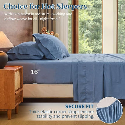MEISHANG 100% French Pure Linen Sheets Queen Size - Bed Sheets 4 Piece Sets, Soft Durable Flax Linen, Anti-Tear Breathable Oeko-Tex Certified with 16" Deep Pocket (Dusty Blue)
