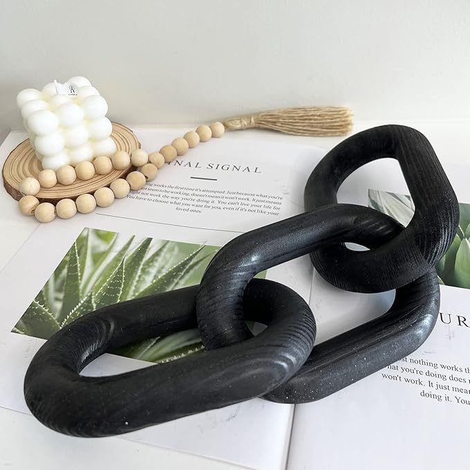 Decor Wood Knot, Home Shelf Decor, Wood Chain 3 Link Decor, Hand Carved Home Decorations for Living Room, Farmhouse Coffee Table Decor (Black)