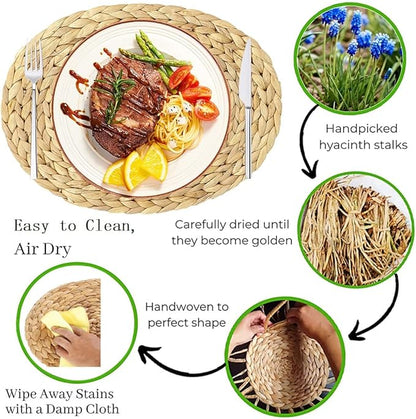 Oval Woven Placemats, Natural Water Hyacinth Placemats Set of 4, Straw Braided Rattan Placemats, 12x16 Inches Plate Chargers Set, Non-Slip Heat Resistant Woven Chargers for Dining Table