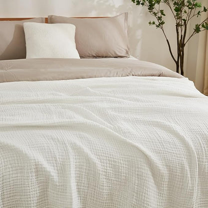 EMME Cotton Blanket for Couch Breathable Gauze All Season Soft and Lightweight Muslin White Throw Blankets for Adults (White, 50"x70")