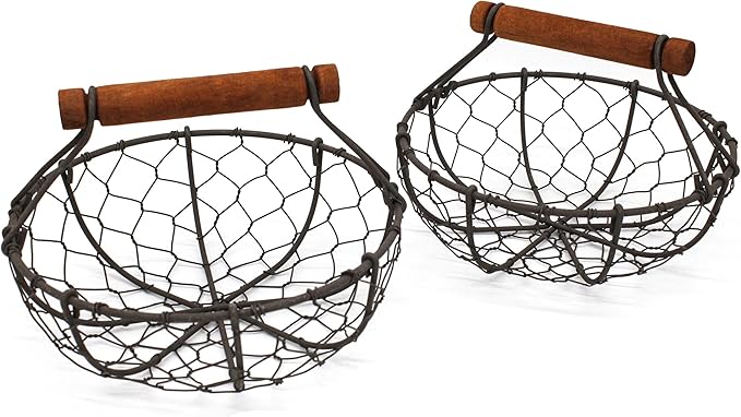 CVHOMEDECO. Chicken Wire Egg Baskets Rust Gathering Baskets with Wooden Handle Country Vintage Style Storage Baskets. Set of 2 (Round)