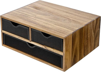 MyGift Premium Acacia Solid Wood Desktop Organizer Box with 3 Removable Black Metal Mesh Trays, Rustic Office Desk Supplies Storage Drawers for Accessories