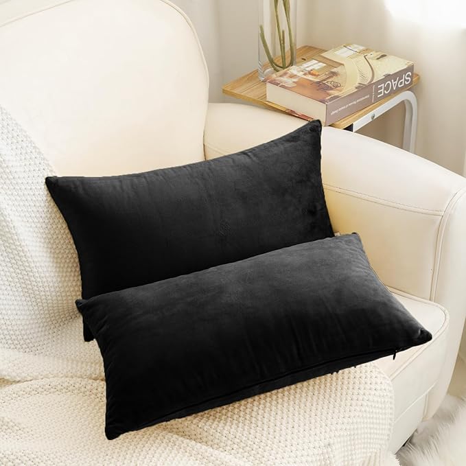 HWY 50 Black Velvet Rectangular Throw Pillow Covers 12x20 Inch, Pack of 2 Soft Cozy Solid Decorative Luxury Cushion Cases for Couch Sofa Bed Living Room Bedroom