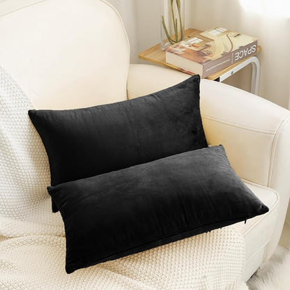 HWY 50 Black Velvet Rectangular Throw Pillow Covers 12x20 Inch, Pack of 2 Soft Cozy Solid Decorative Luxury Cushion Cases for Couch Sofa Bed Living Room Bedroom