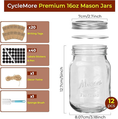 CycleMore 16oz Mason Jars, 12 Pack Canning Jars with Metal Airtight Lids and Bands, Embossed Pint Glass Jars Ideal for Canning, Pickling, Meal Prep, Jam, Honey, DIY Shower/Wedding Favors