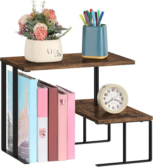 Shinoske Desk Shelf Organizer,15.7" Adjustable Corner Shelf Organizer,2-Tier Small Desktop Bookshelf,Spice Rack,Home Office Wood Display Shelf,Rustic Brown
