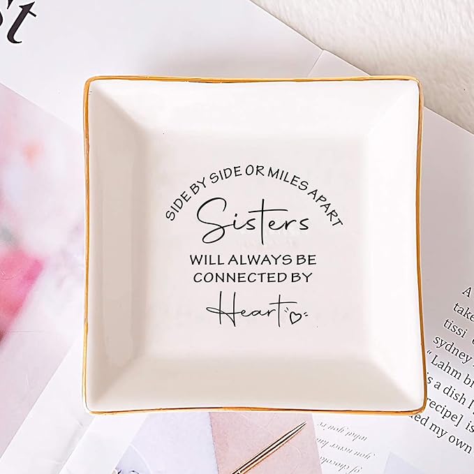 FACEINSE Ceramic Jewelry Trinket Dish for Sister, Long Distance Gifts for Sisters - Side by Side or Miles Apart, Sisters will Always be Connected by Heart - Gifts for Sisters for Birthday, Christmas, Graduation