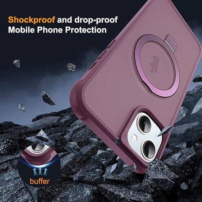 Compatible with iPhone 15 Plus Case with Invisible Magnetic O-Ring Stand Military-Grade Translucent Case for iPhone 15 Plus 6.7" [Compatible with Mag-Safe][Great Grip Feeling], Wine Red