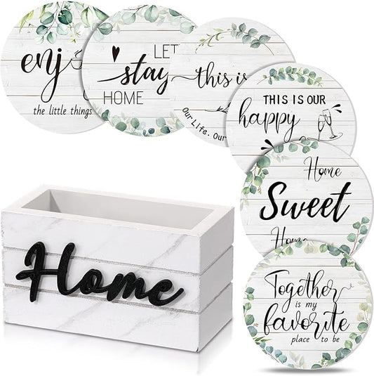 Queekay Coasters Set of 6 House Warming Gifts New Home Wooden Farmhouse Drink Coasters with Holder 4'' Funny Decoration for Kitchen Family Coffee Bar Tabletop Protection(Eucalyptus Leaf Color)