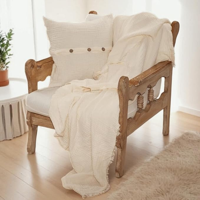 Muslin Blanket - Pure 100% Turkish Cotton Airy Soft Light Versatile Gauze Throw Blanket for Bed, Couch, Sofa (Natural, Throw Size (50" x 66" inch))