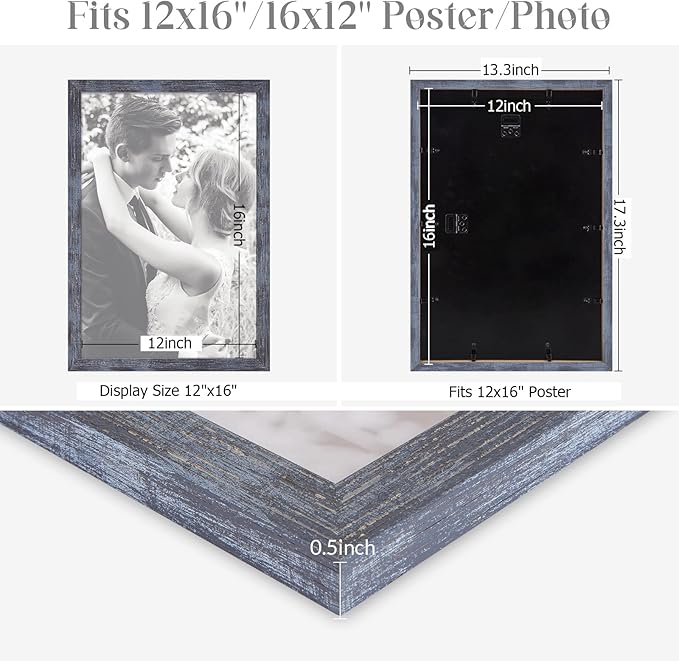 12x16 Picture Frame Blue, Rustic 16x12in Poster frame, Retro Navy Blue 12 by 16 Canvas Frame, Large Gallery Family Concert Portrait Photo Frame, Anniversary/Birthday/Wedding/Thank you/Christmas Gift