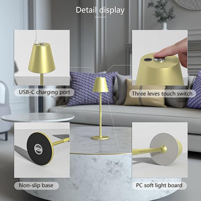 4-Pack Cordless Table Lamps - 5000mAh Rechargeable Battery Operated Desk Lamp, 3-Level Dimmable LED Night Light for Bedroom, Dining, Restaurant - Metal Design (Champagne Gold 4Pack)