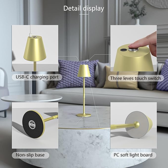 2-Pack Cordless Table Lamps - 5000mAh Rechargeable Battery Operated Desk Lamp, 3-Level Dimmable LED Night Light for Bedroom, Dining, Restaurant - Metal Design (Champagne Gold 2Pack)