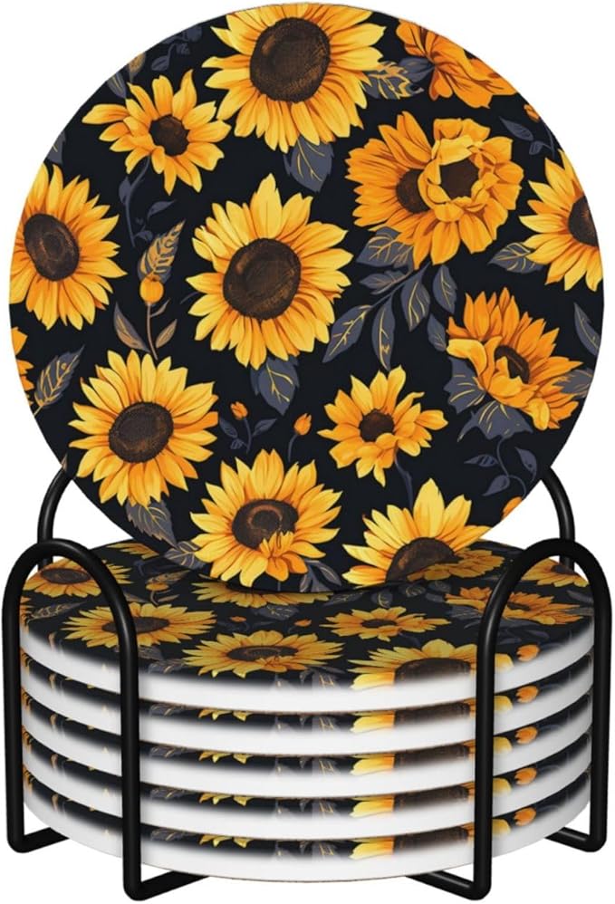 6 Pcs Ceramic Coasters with Holder Absorbent Drink Round Sunflower Style6 Design for Home Table Coffee Cup Wine Beer Bar,Size 4.4 inches