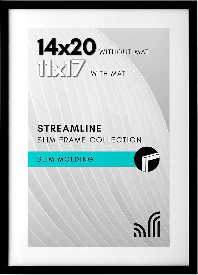 Americanflat 14x20 Picture Frame with Polished Plexiglass - Use as 11x17 Frame with Mat or Display 14x20 Photo Without Mat - Streamline Collection - Thin Border Picture Frames for Wall - Black