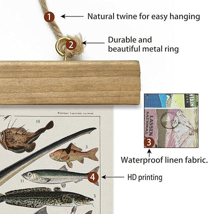 XIAOAIKA Set of 2 Vintage Marine Life and Crustaceans Wall Art Posters - Nautical Ocean Creatures & Seafood Illustration Prints with Wooden Hanger Frames for Home Decor 16 x 23 Inches
