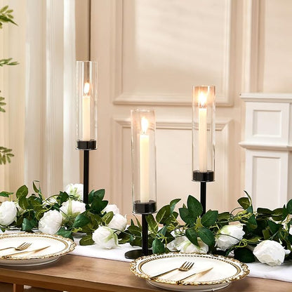Black Hurricane Glass Candle Holders Set of 6, Tall Metal Taper Candle Stick Holder, Clear Candlestick Holders, Table Centerpieces Decor for Dining Dinner, Weddings, Christmas Fireplace Decorations
