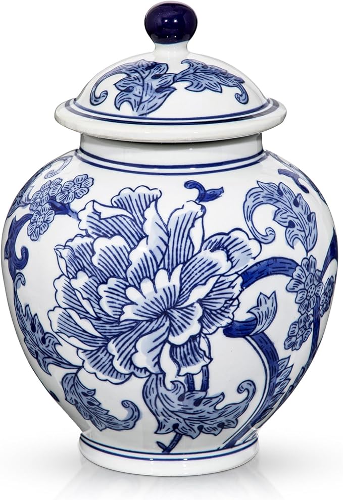 Blue and White Vase Ginger Jar - 8.7" Chinoiserie Decor Ginger Jar Blue & White Porcelain Flowers Ceramic Covered Jars with Lid Chinoiserie Decorative Vase for Home Room Office Tabletop Centerpieces