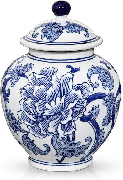 Blue and White Vase Ginger Jar - 8.7" Chinoiserie Decor Ginger Jar Blue & White Porcelain Flowers Ceramic Covered Jars with Lid Chinoiserie Decorative Vase for Home Room Office Tabletop Centerpieces