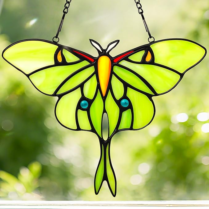 Luna Moth Sun Catcher Stained Glass Window Hanging IDEA SHOW 7.3Inch Handmade Real Glass Suncatcher Ornaments, Elegant Green Butterfly Memorial Gifts for Women, Mom, Grandma