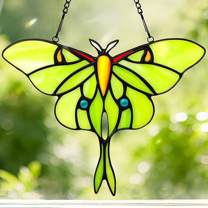 Luna Moth Sun Catcher Stained Glass Window Hanging IDEA SHOW 7.3Inch Handmade Real Glass Suncatcher Ornaments, Elegant Green Butterfly Memorial Gifts for Women, Mom, Grandma