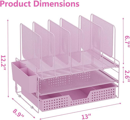 Pink Desk Organizer, Office Organization with Vertical File Holder, File Organizer with Drawer and Pen Holder, Desk Accessories and Workspace Organizers for Home Office (Pink)