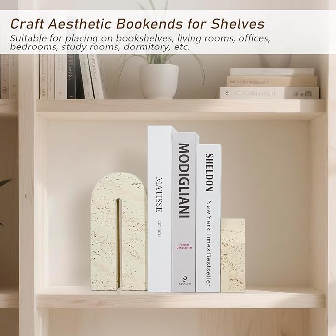 Book Ends for Shelves, Resin Heavy Duty Decorative Bookends, Retro Arch Book Holder for Heavy Books, Imitation Travertine Book Stopper for Home Decor, Study, Bookshelf, Desktop, Set of Two